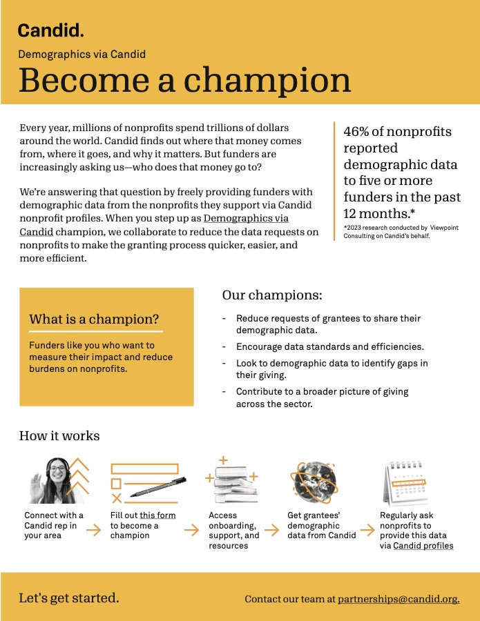 Demographics via Candid flyer inviting funders to become a champion.