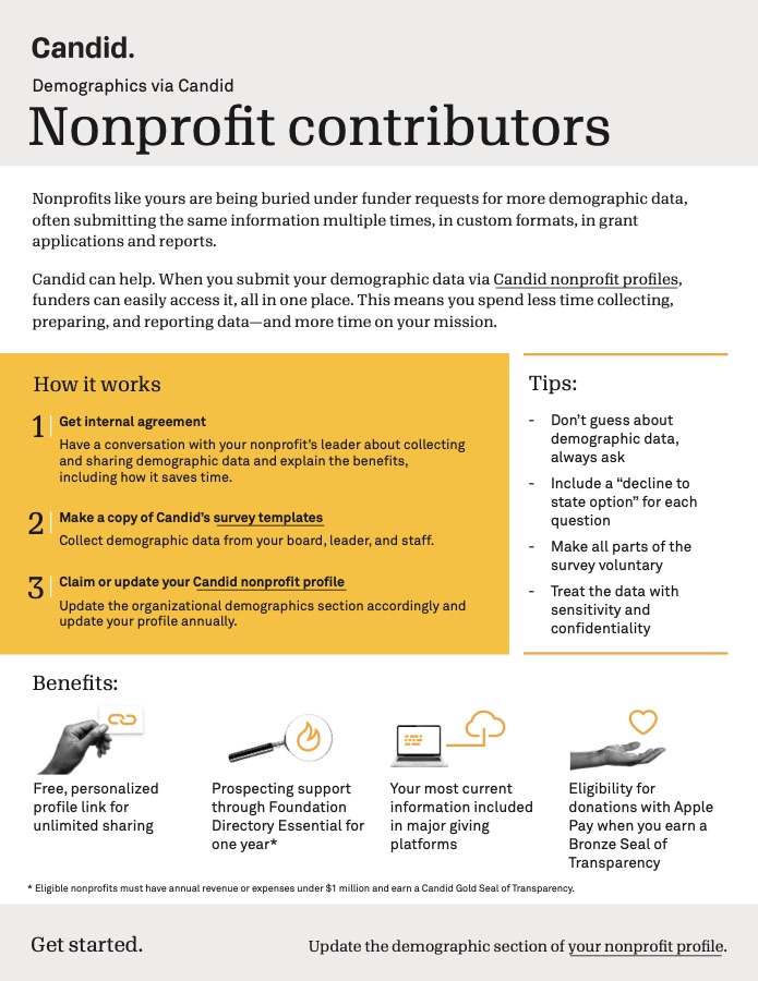 Demographics via Candid flyer for nonprofit contributors.